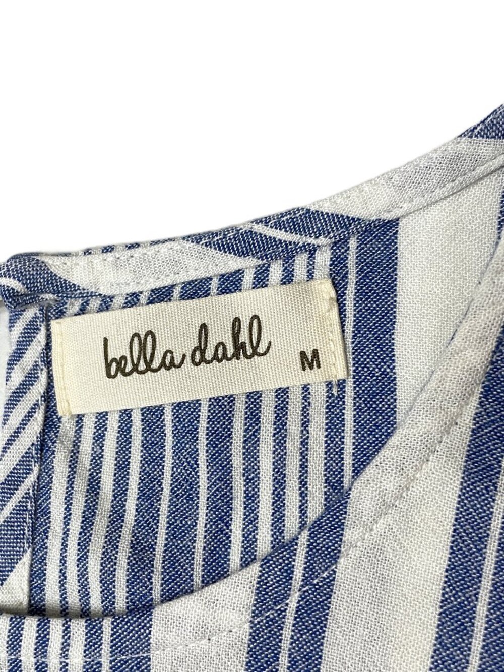 Bella Dahl Linen Blend Swing Tank Top M Blue White Stripe Fringe Frayed Coastal - Picture 3 of 12
